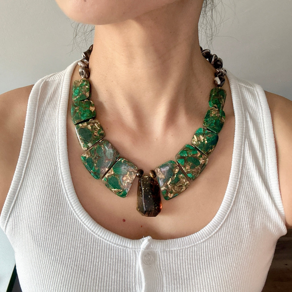Model wearing Earth Flame Chrysocolla & Amber Necklace