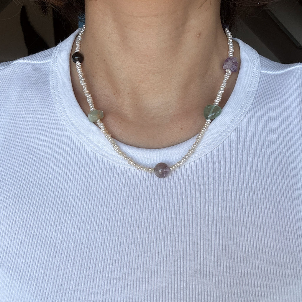 Model wearing Earth Whisper Natural Stone & Freshwater Pearl Necklace