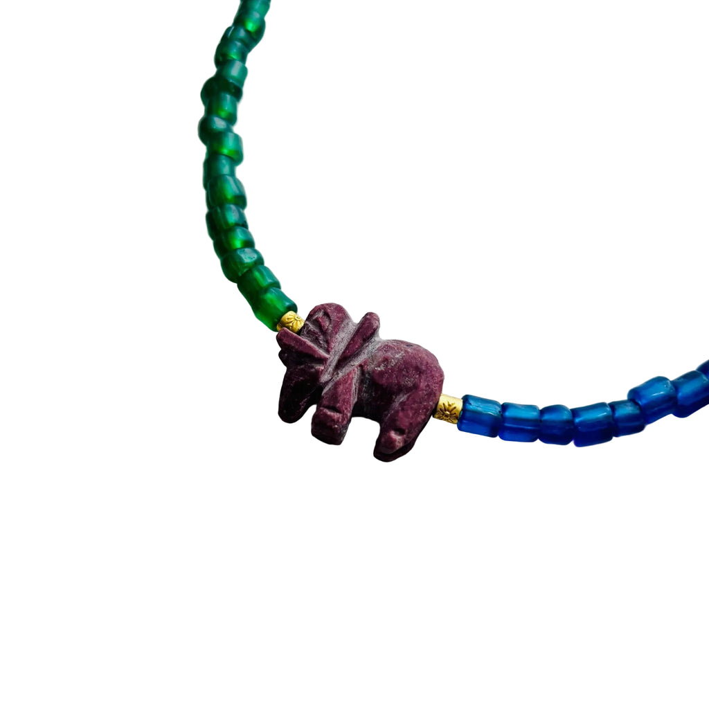 Detail of Elephant Tide Glass Bead with Natural Stone Ruby Elephant Charm Necklace