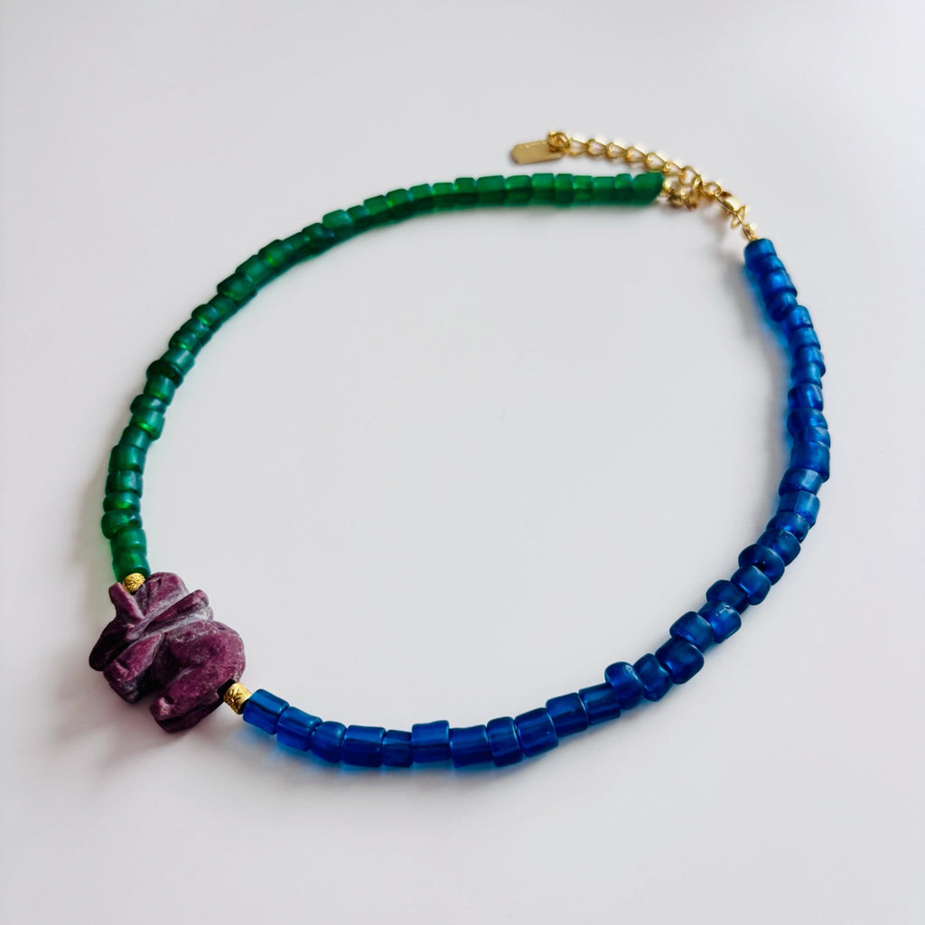 Elephant Tide - Glass Bead with Natural Stone Elephant Charm Necklace