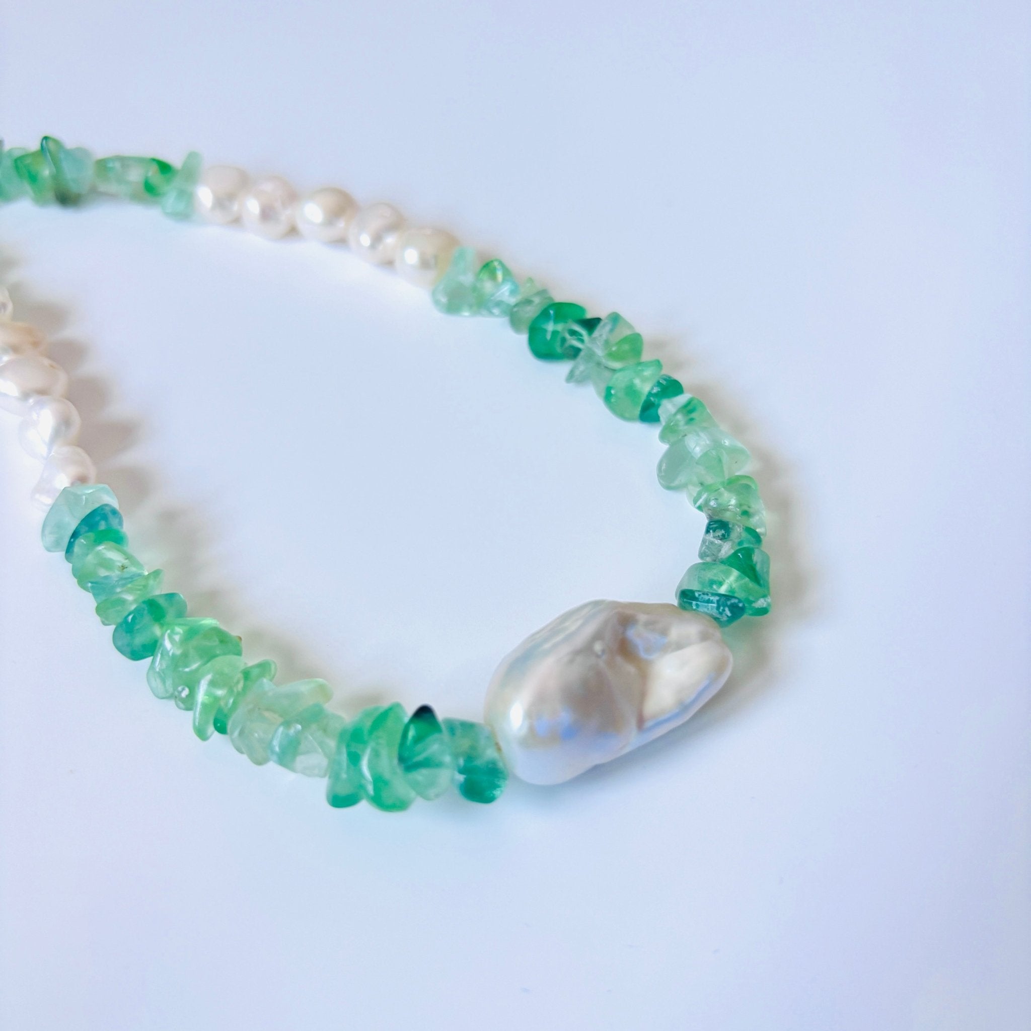 Detail of Emerald Tide Green Fluorite Necklace with Baroque Pearl