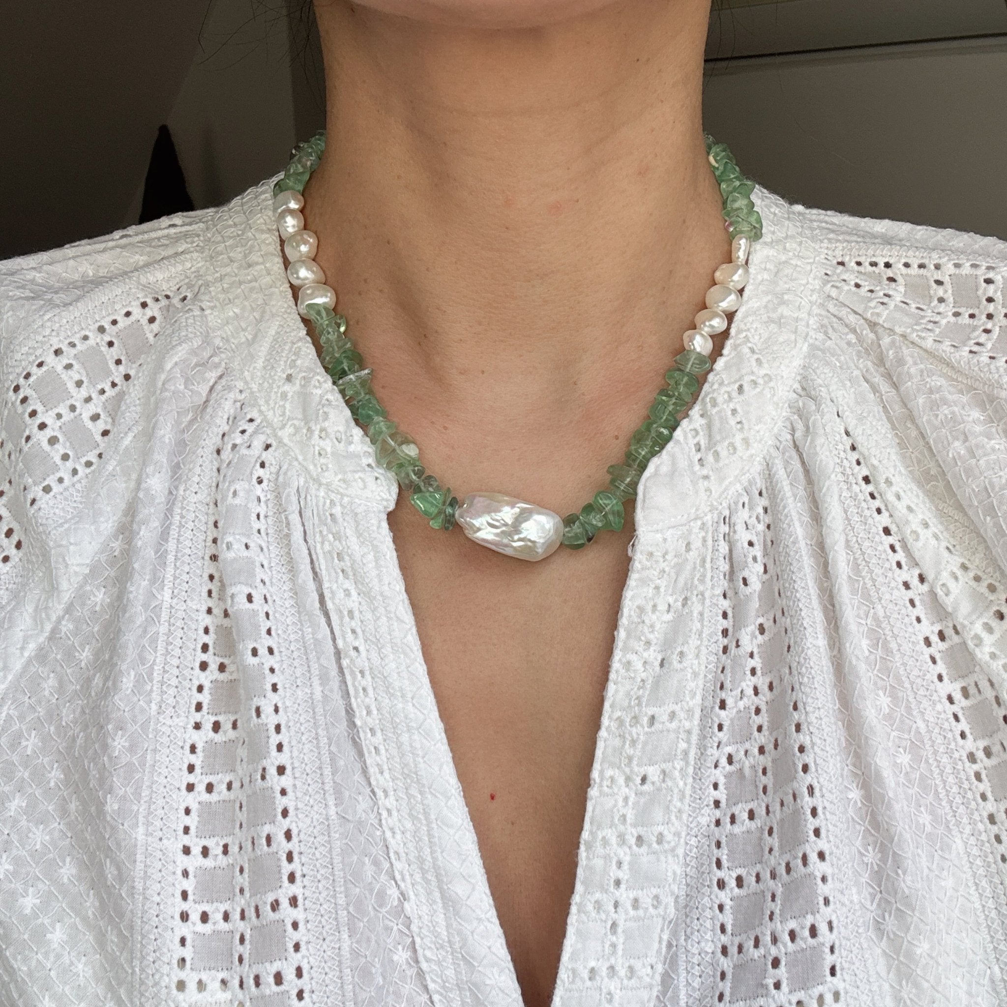 Model wearing Emerald Tide Green Fluorite Necklace with Baroque Pearl