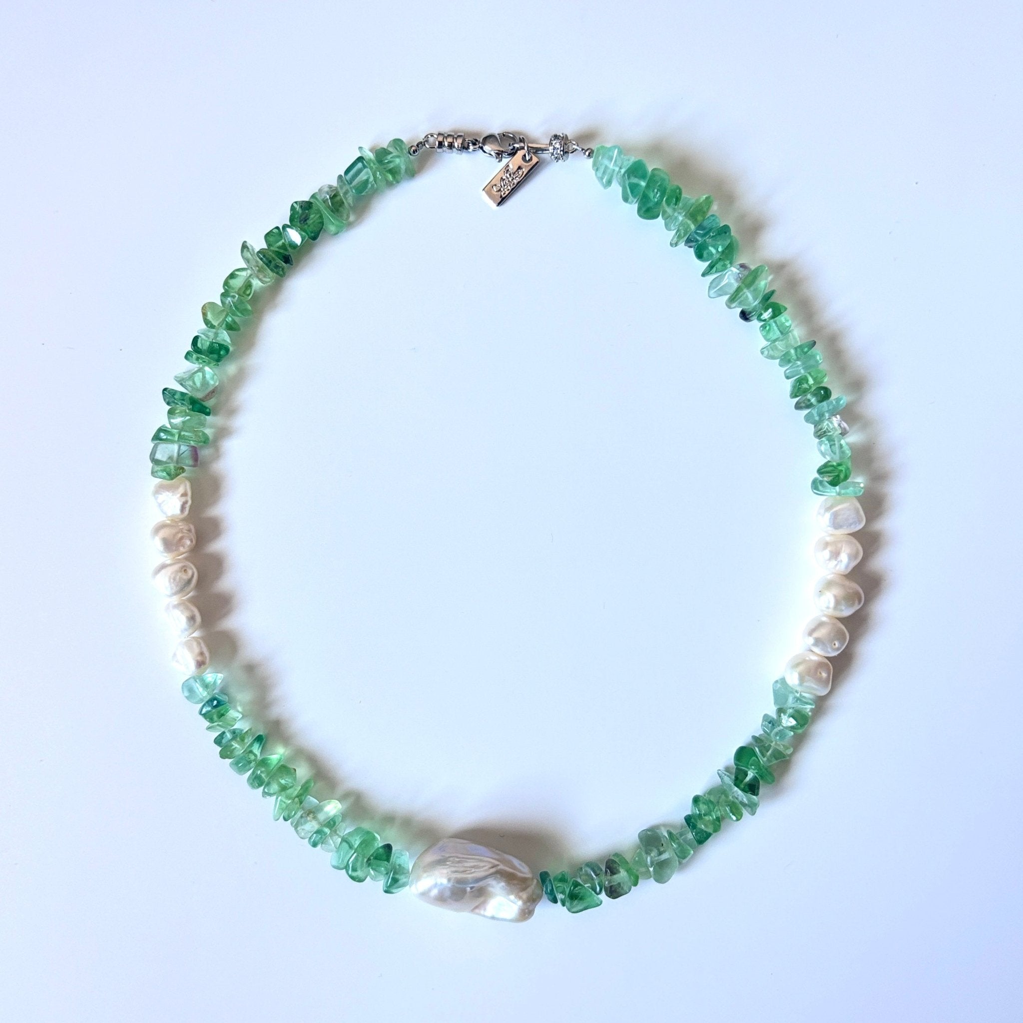 Emerald Tide Green Fluorite Necklace with Baroque Pearl