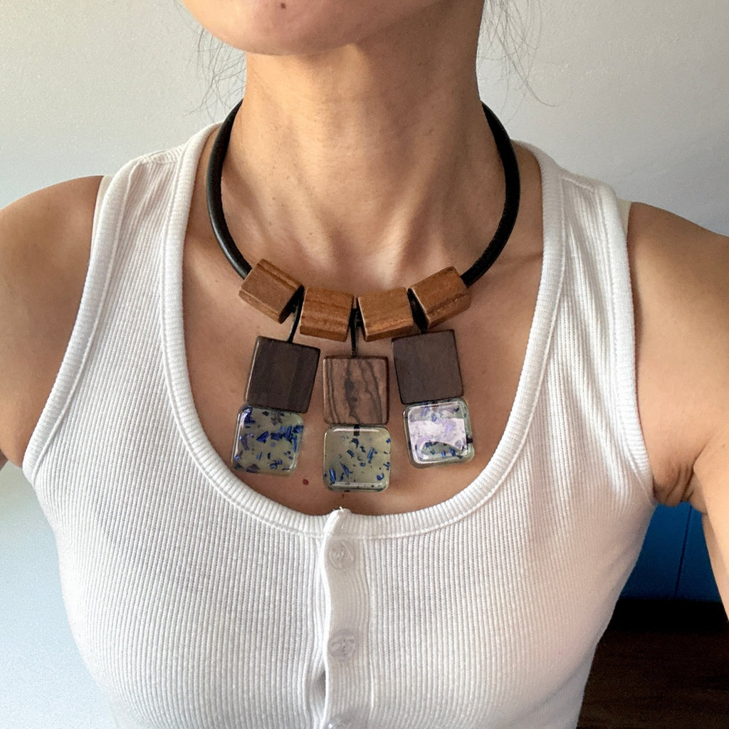 Model wearing Forest Echo Wood & Resin Necklace