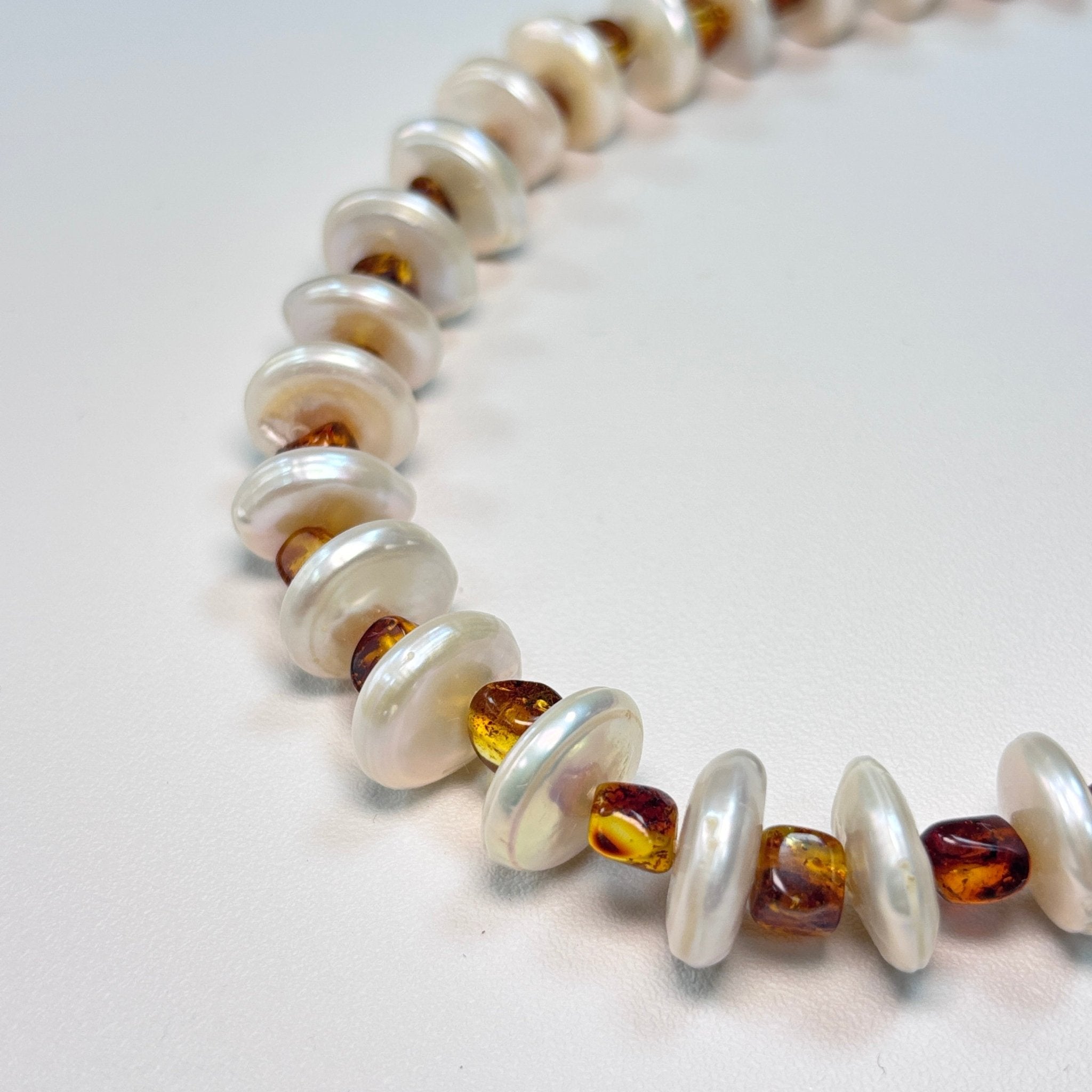 Detail of Golden Amber Amber & Freshwater Pearl Necklace