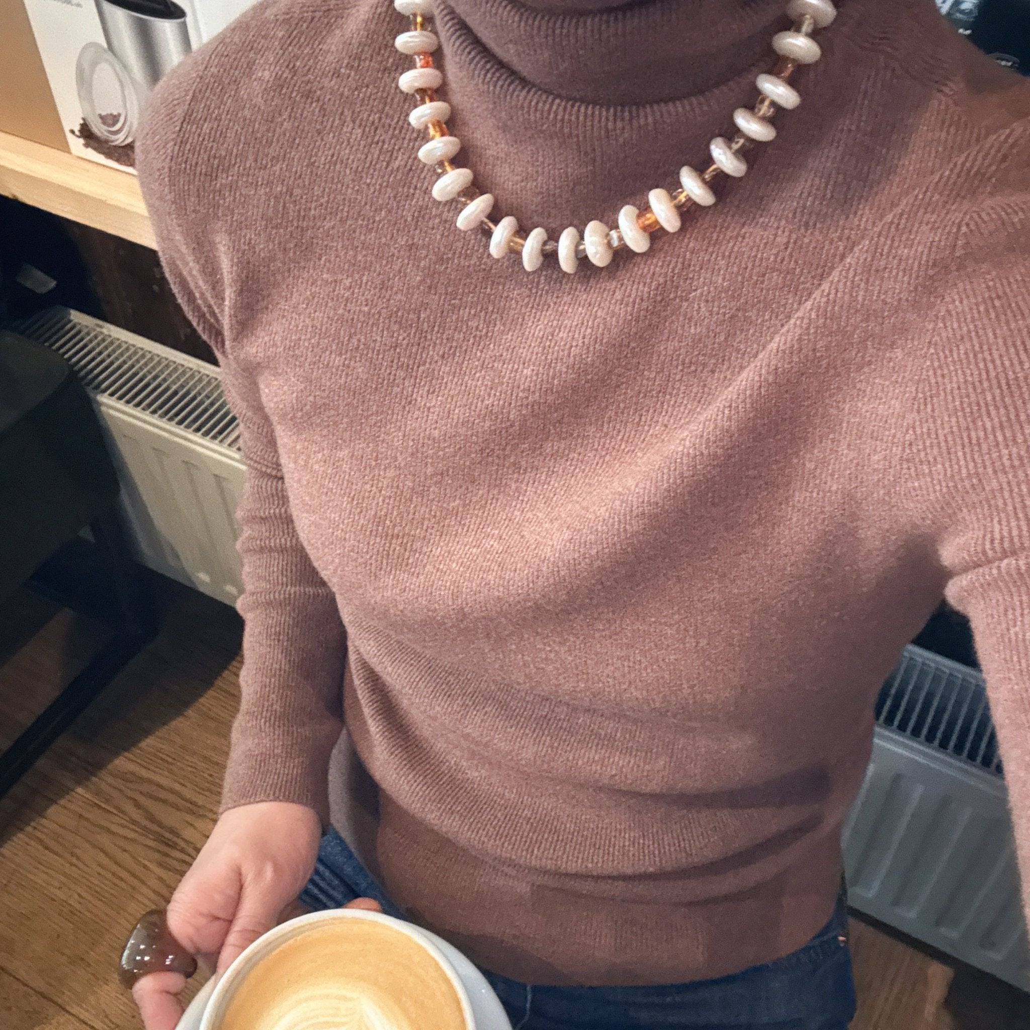 Model wearing Golden Amber Amber & Freshwater Pearl Necklace