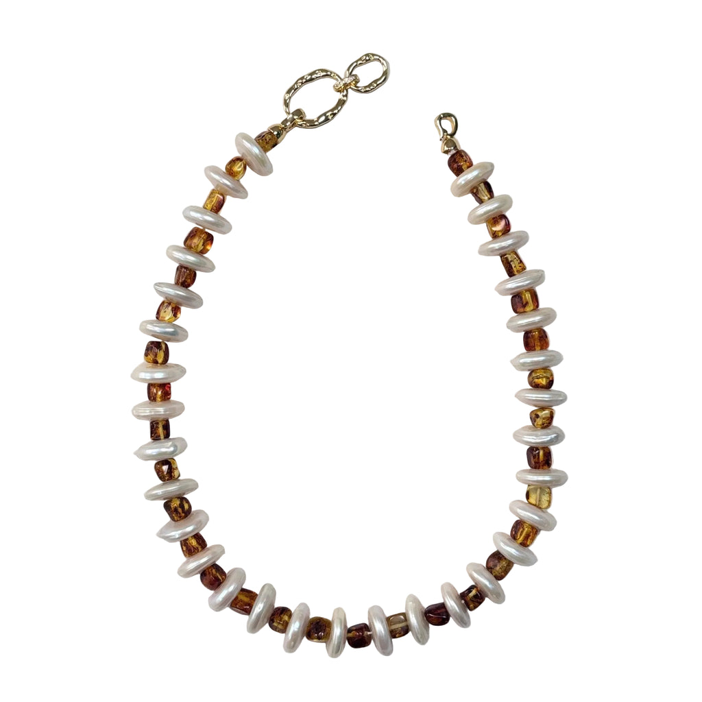 Golden Amber Amber & Freshwater Pearl Necklace