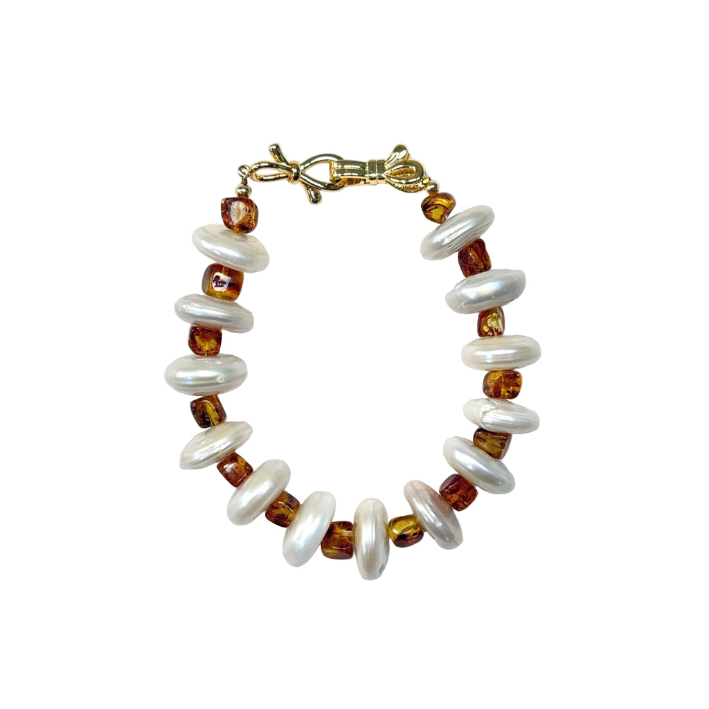 Detail of Golden Amber Freshwater Pearl & Amber Bracelet