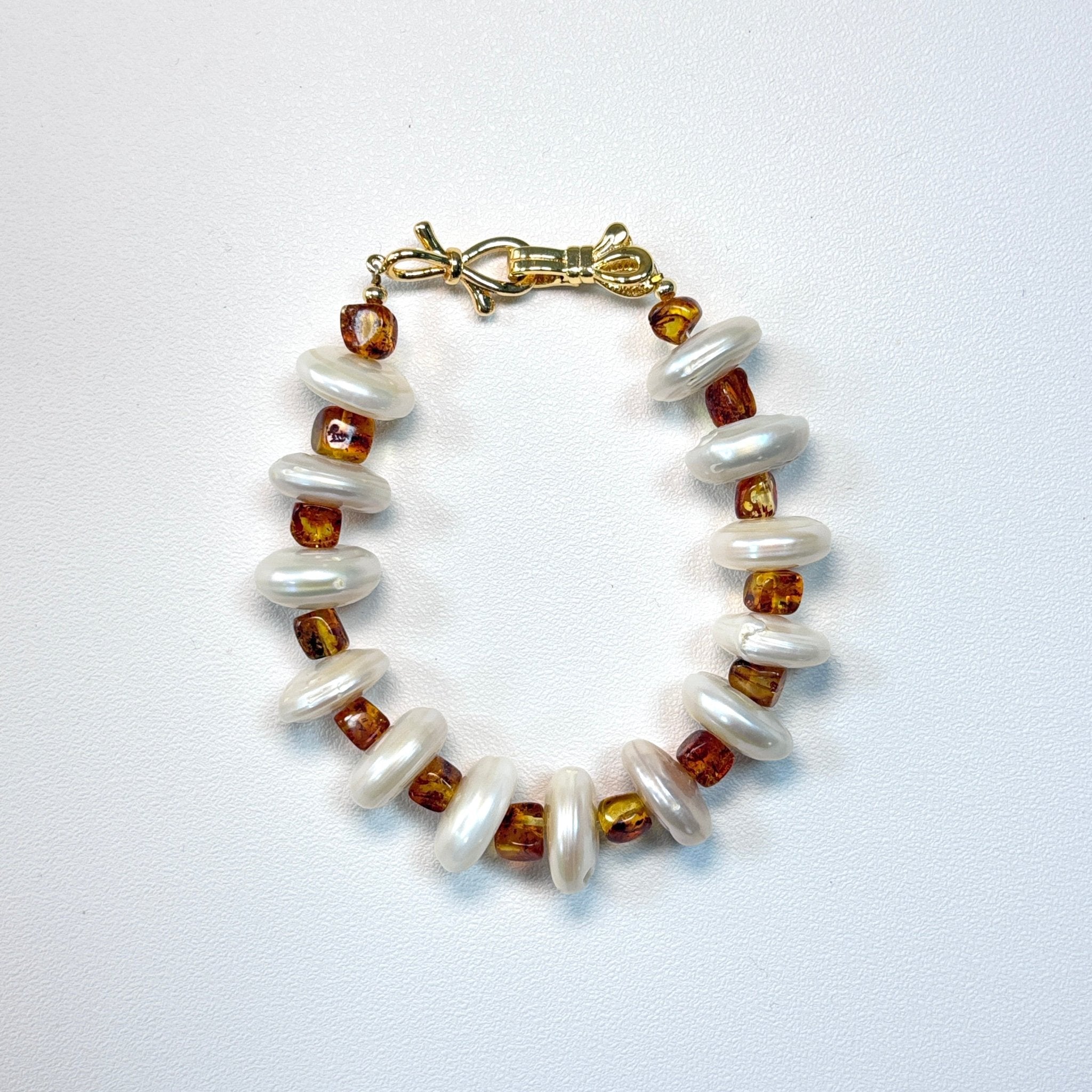 Detail of Golden Amber Freshwater Pearl & Amber Bracelet