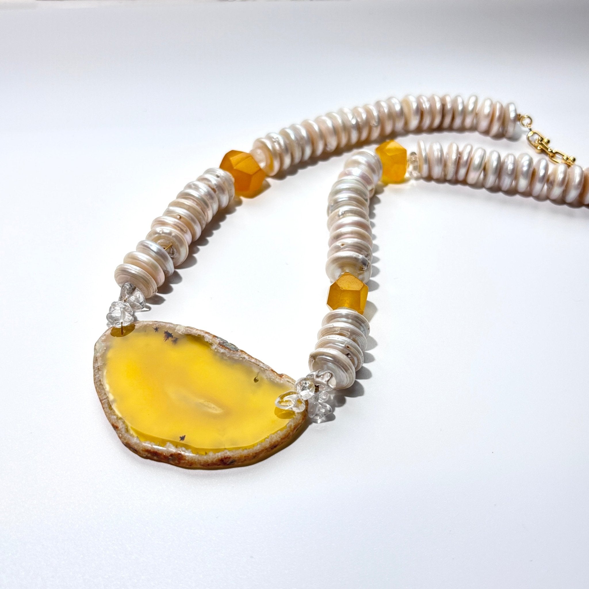 Golden Horizon - Freshwater Pearl & Agate Slice Necklace