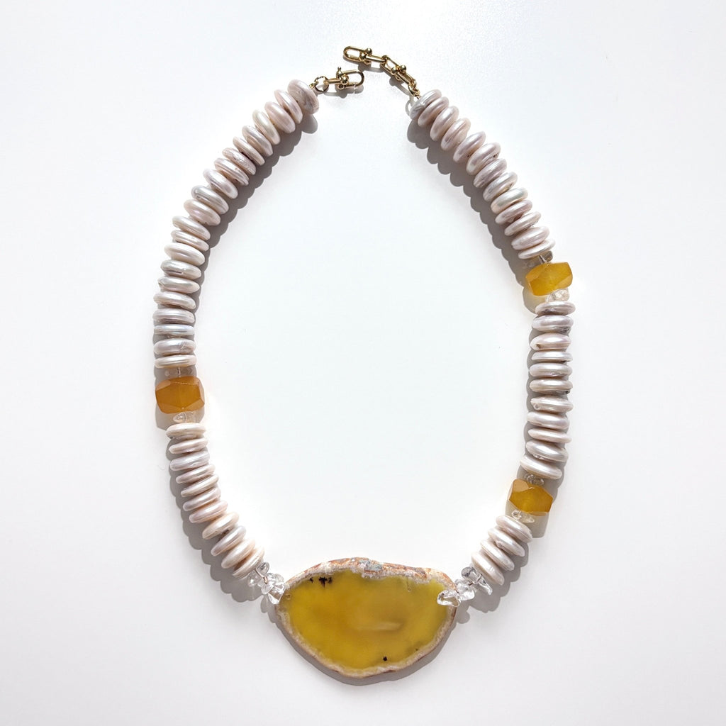 Golden Horizon - Freshwater Pearl & Agate Slice Necklace