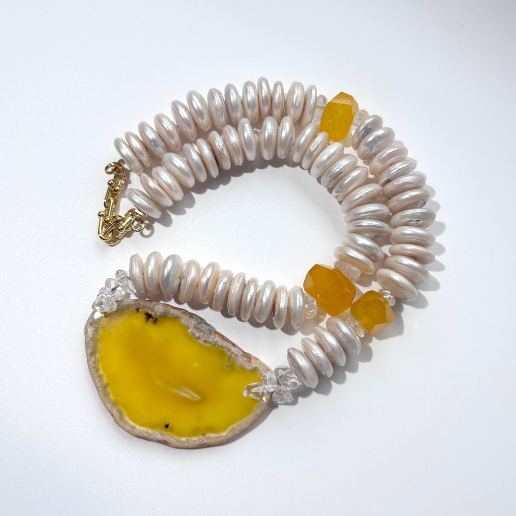 Golden Horizon - Freshwater Pearl & Agate Slice Necklace