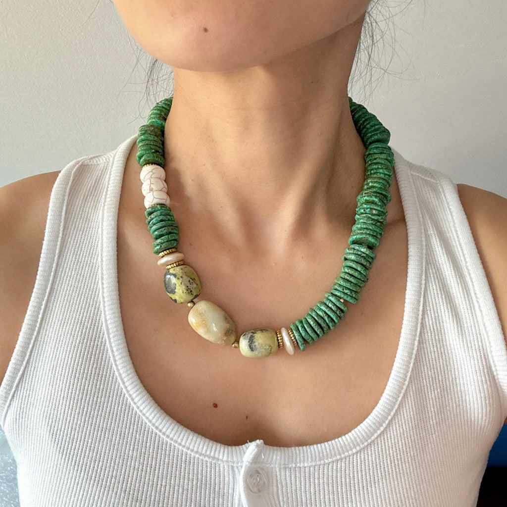 Model wearing Lagoon Harmony Turquoise, Ocean Jasper & Jade Necklace