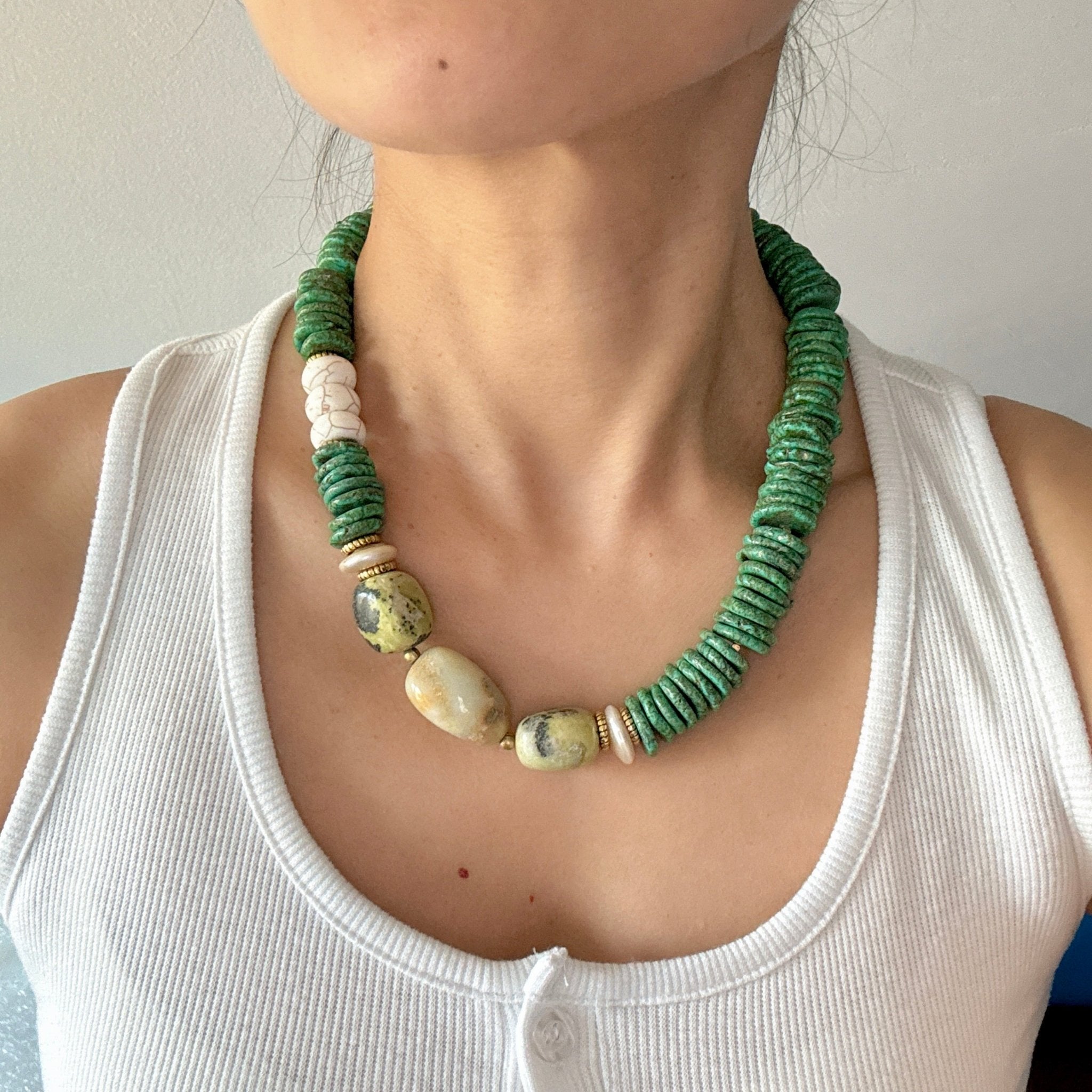 Model wearing Lagoon Harmony Turquoise, Ocean Jasper & Jade Necklace