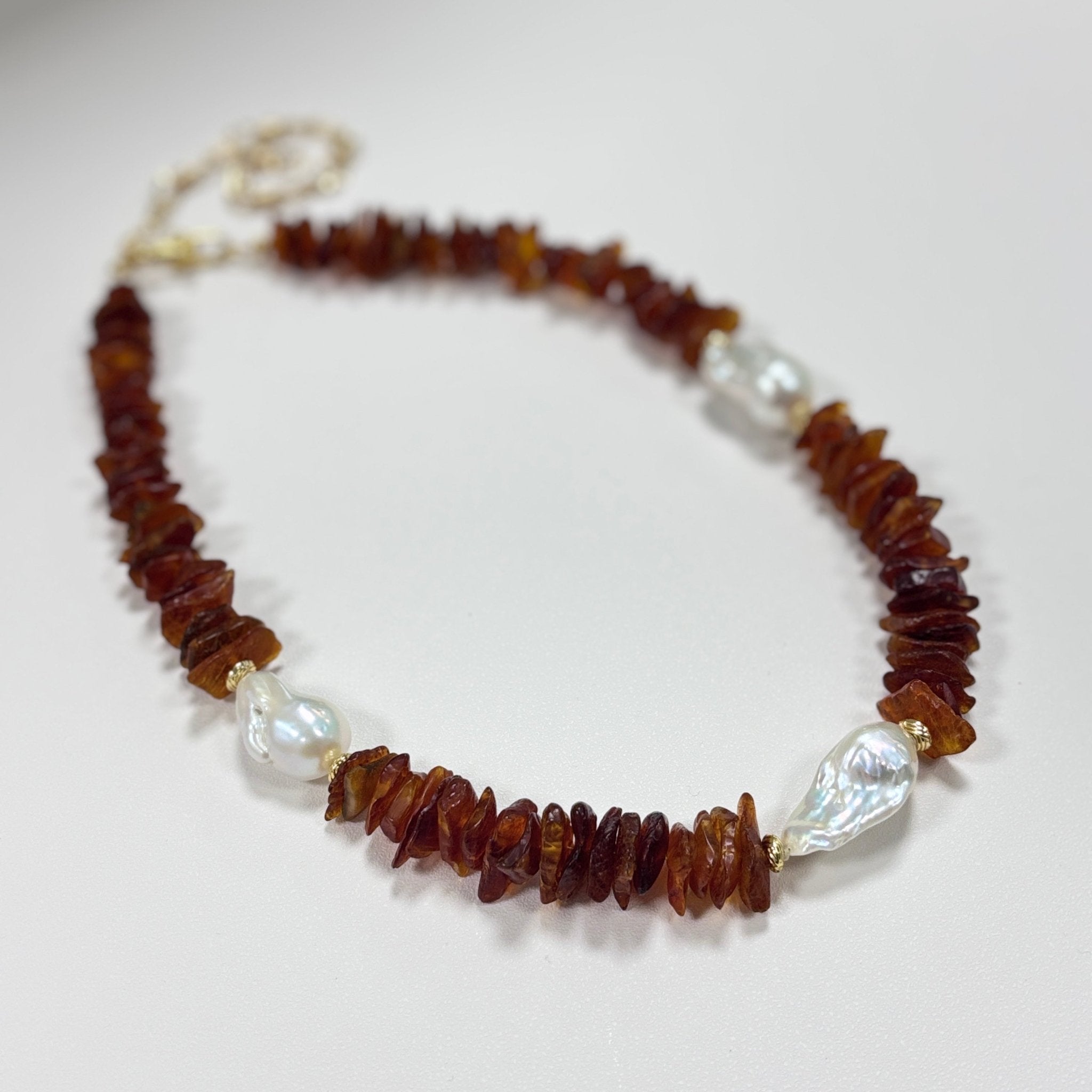 Late Autumn - Amber & Baroque Pearl Necklace