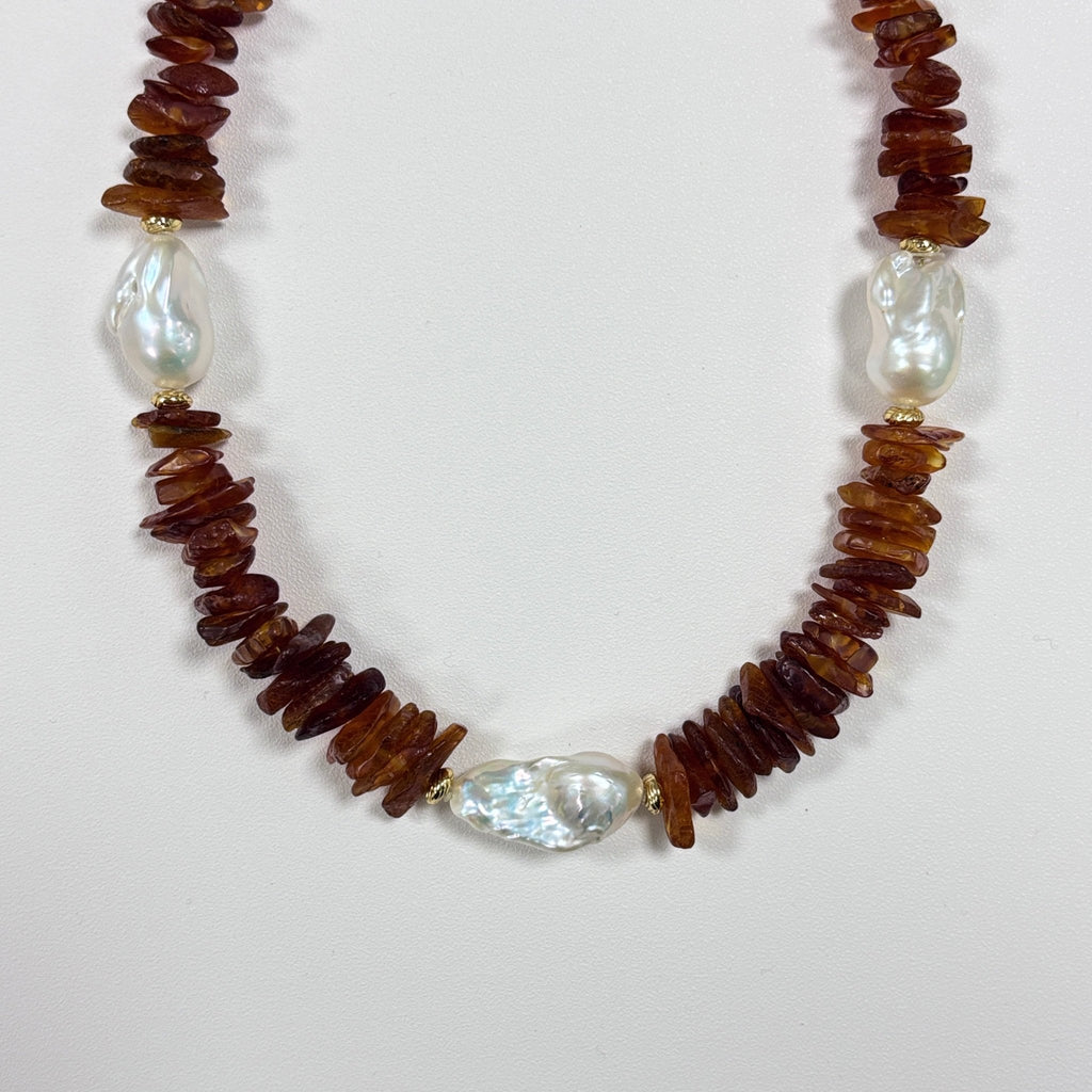 Late Autumn - Amber & Baroque Pearl Necklace