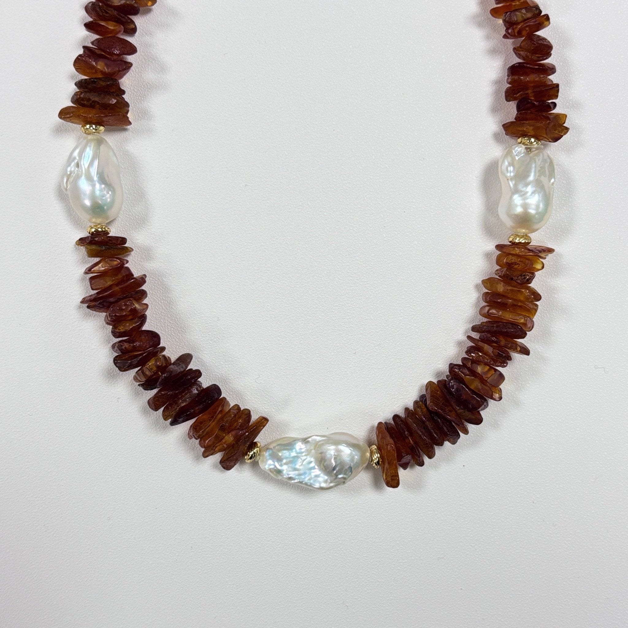 Detail of Late Autumn Amber & Baroque Pearl Necklace