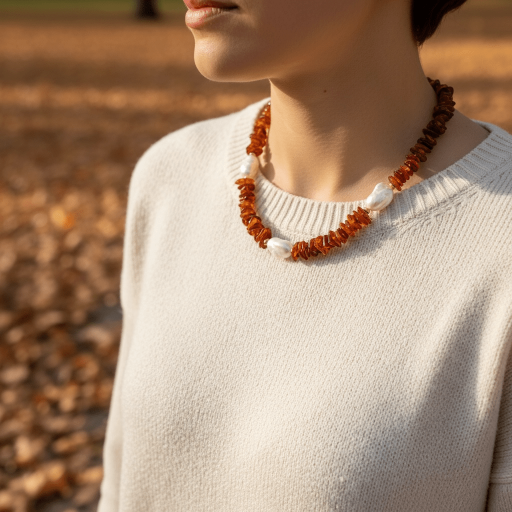 Model wearing Late Autumn Amber & Baroque Pearl Necklace