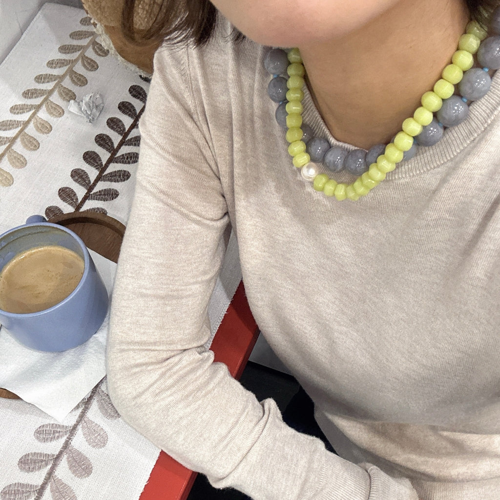 Model wearing Lemon Natural Stone and Pearl Necklace