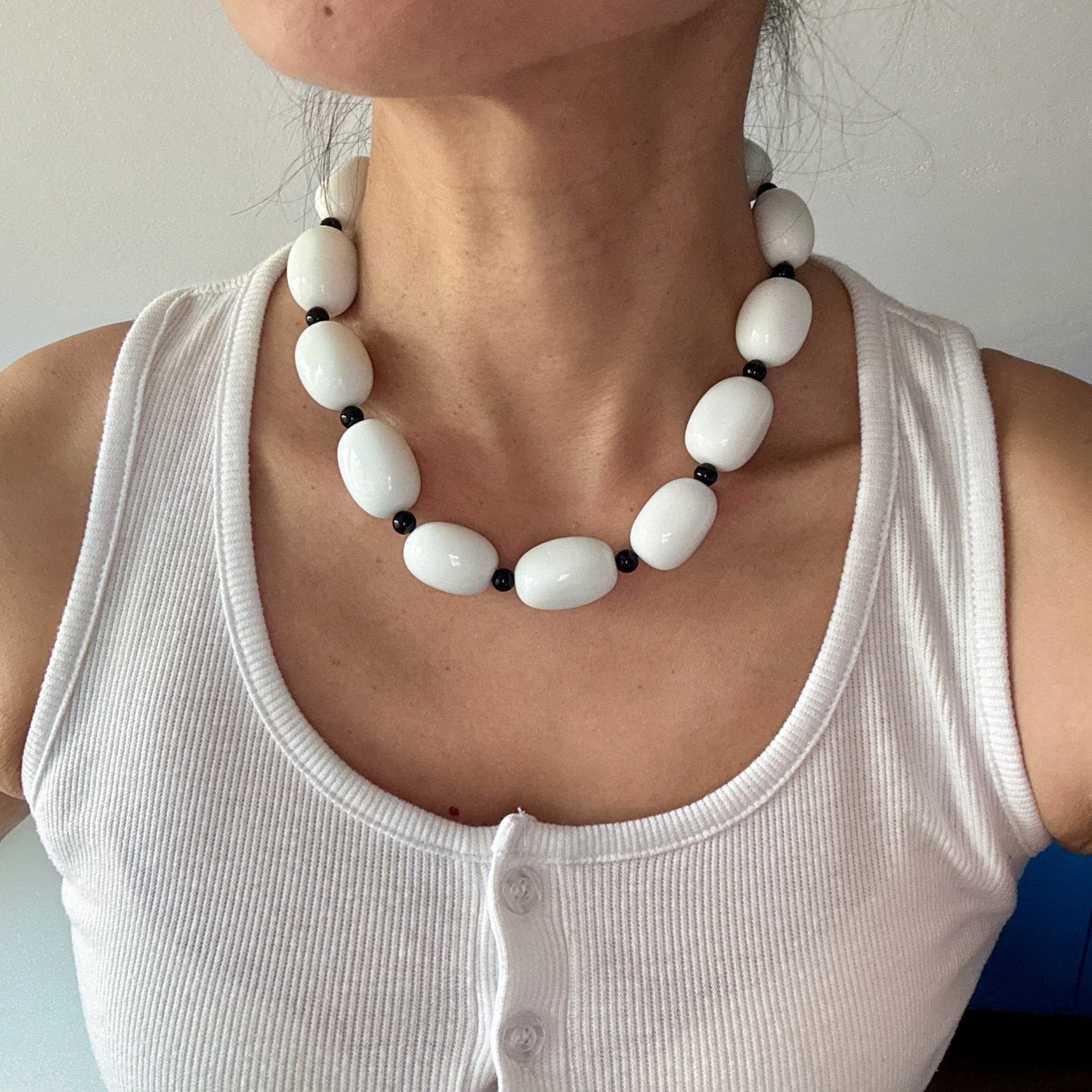 Model wearing Midnight Contrast Monochrome Chunky Bead Necklace