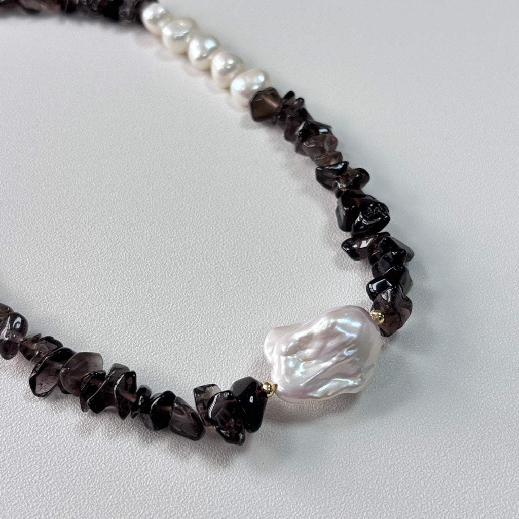 Detail of Midnight Smoky Quartz & Baroque Pearl Necklace