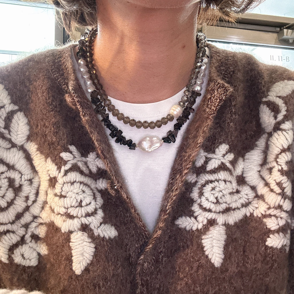 Model wearing Midnight moky Quartz & Baroque Pearl Necklace