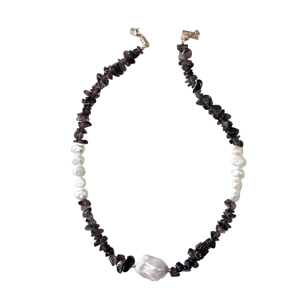 Midnight Smoky Quartz & Baroque Pearl Necklace