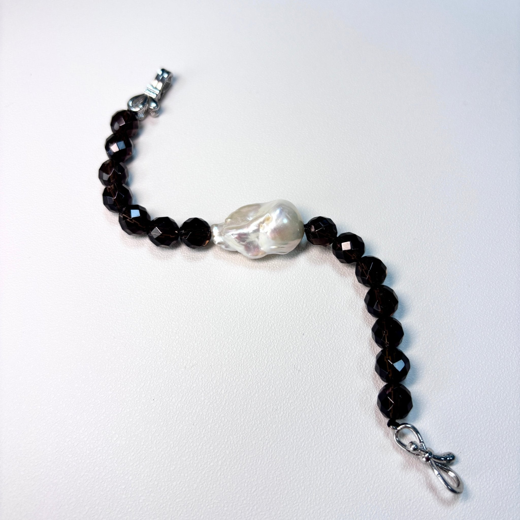 Detail of Midnight Veil Smoky Quartz & Baroque Pearl Bracelet