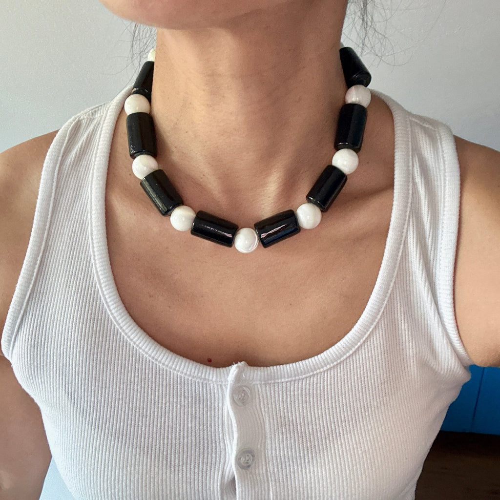 Model wearing Monsoon Tide Nepalese Glass & Trochus Shell Choker