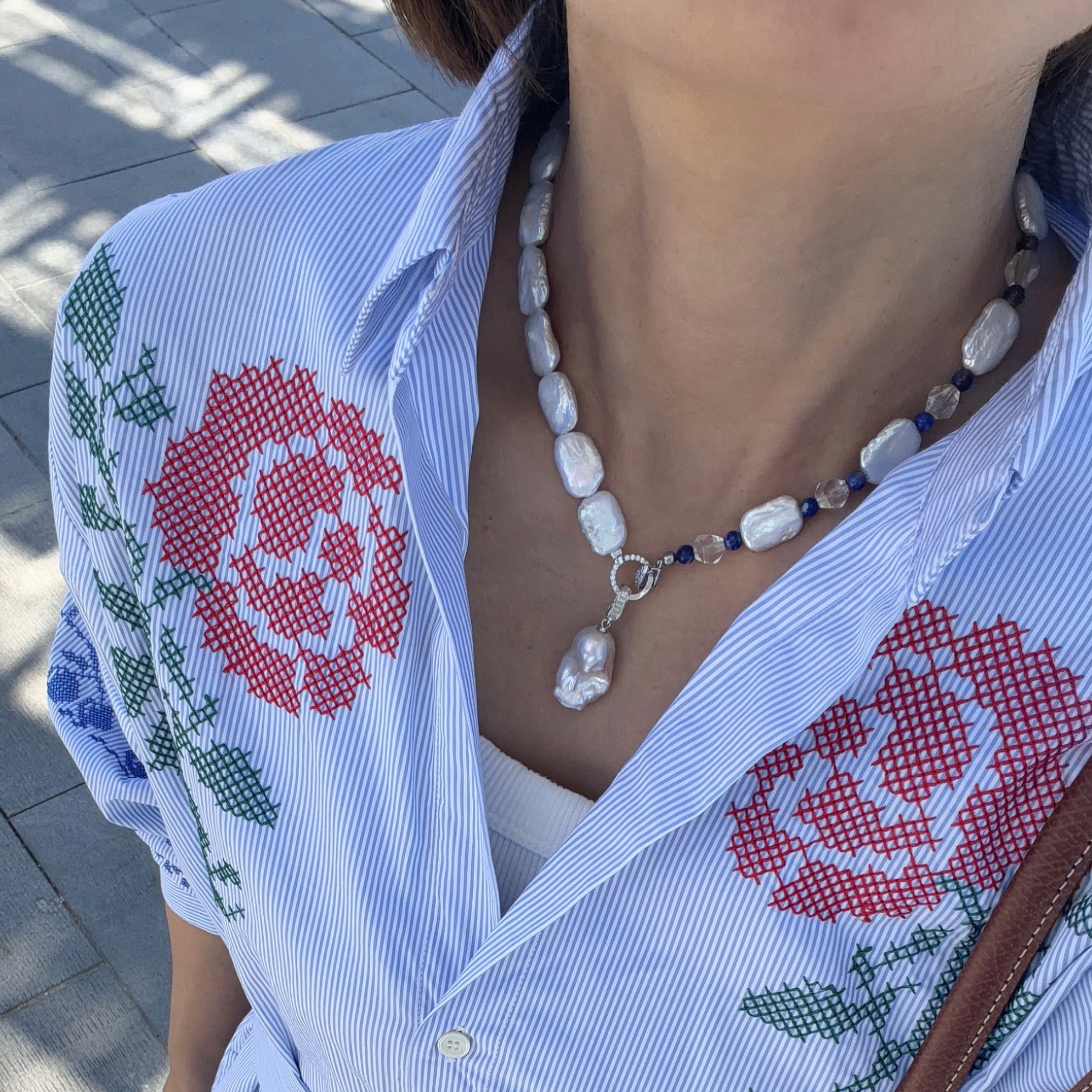 Model wearing Moon Tide Pearl Necklace