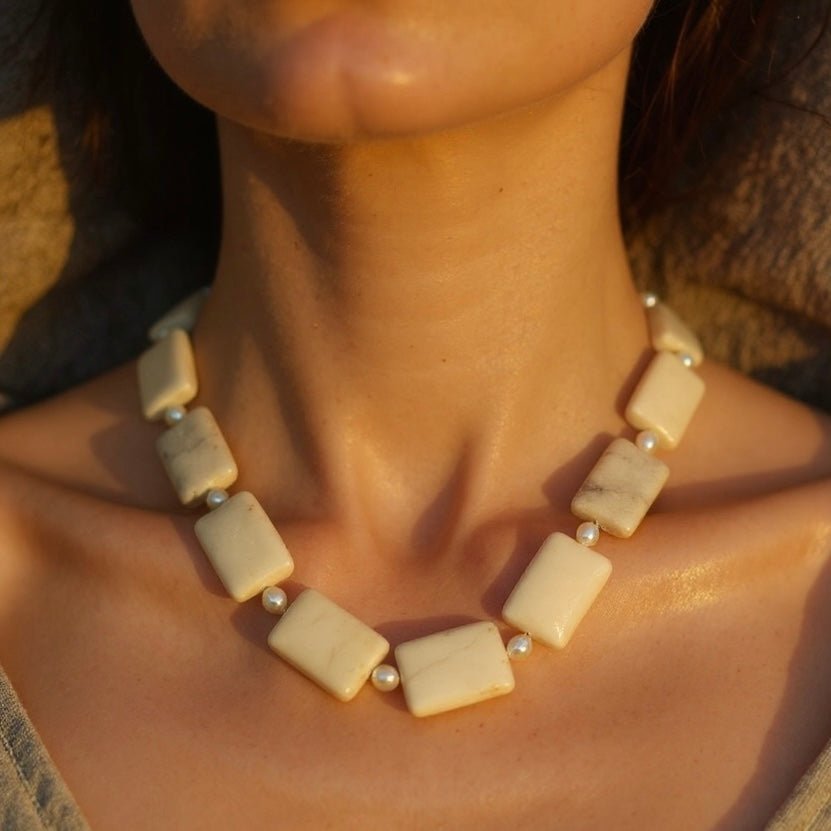 Model wearing Moonlight Glow Opal & Freshwater Pearl Necklace