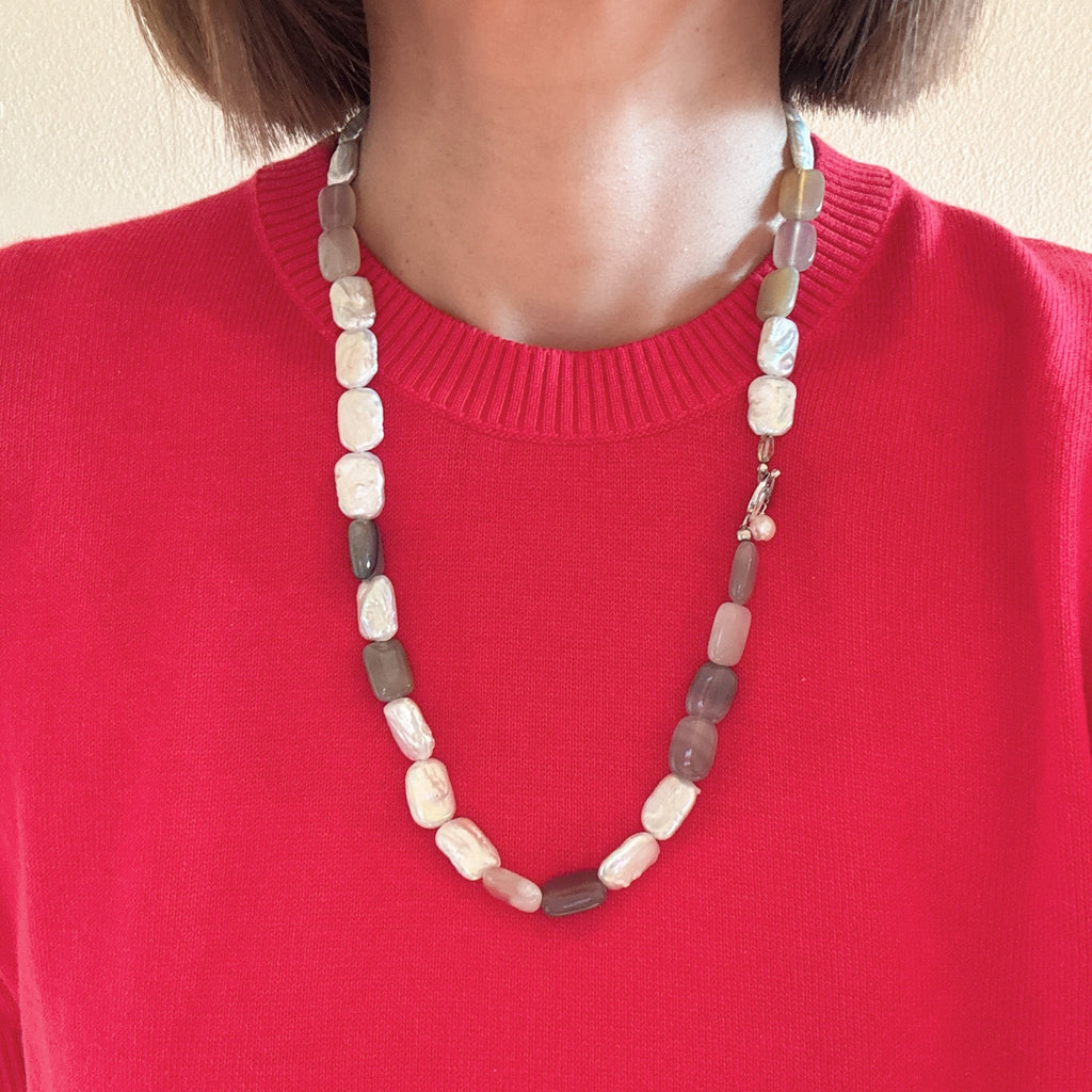 Model wearing Moonlight Pearl Long Necklace Set 