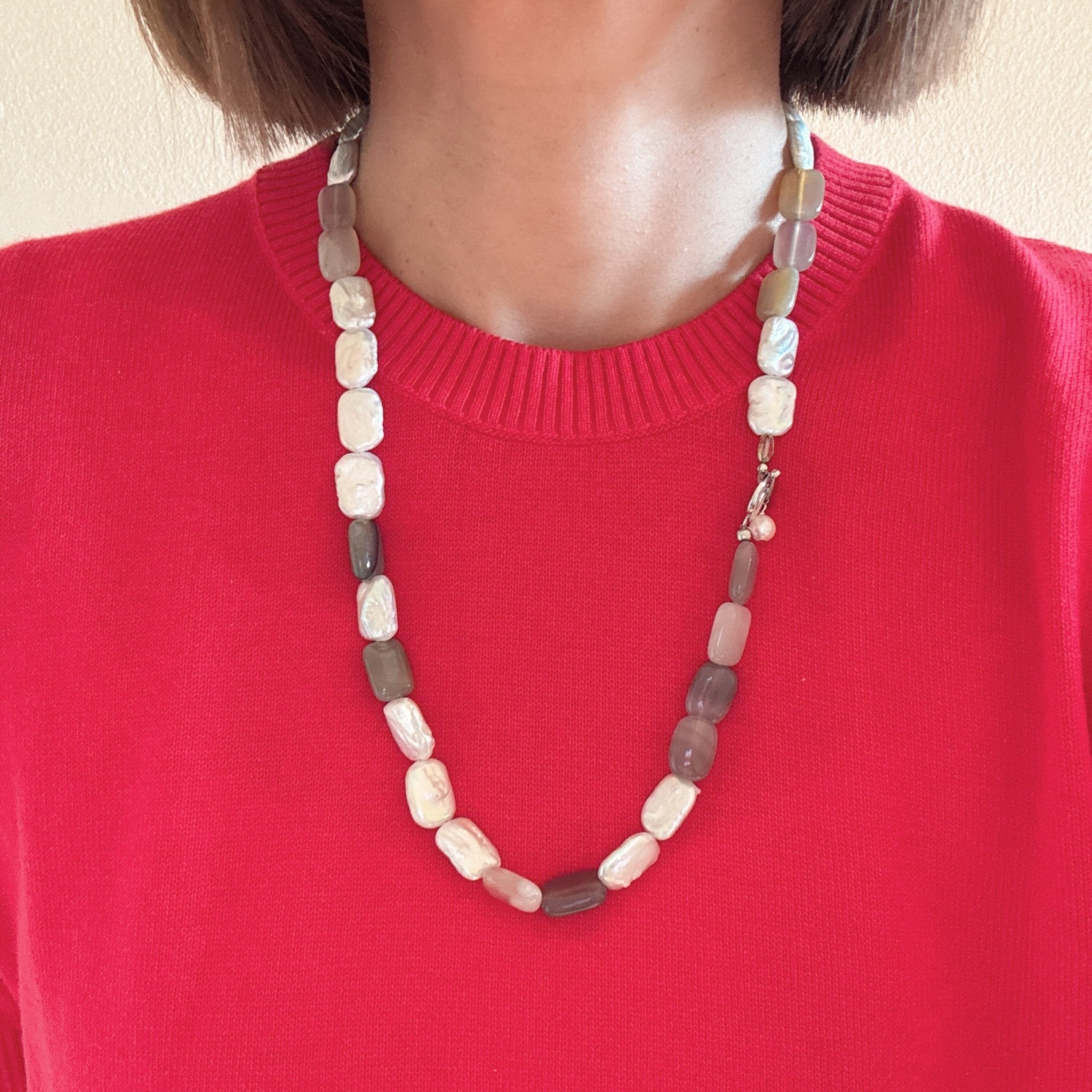 Model wearing Moonlight Pearl Long Necklace Set 