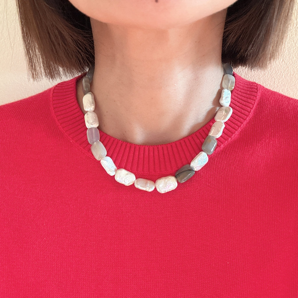 Model wearing Moonlight Pearl Short Necklace Set