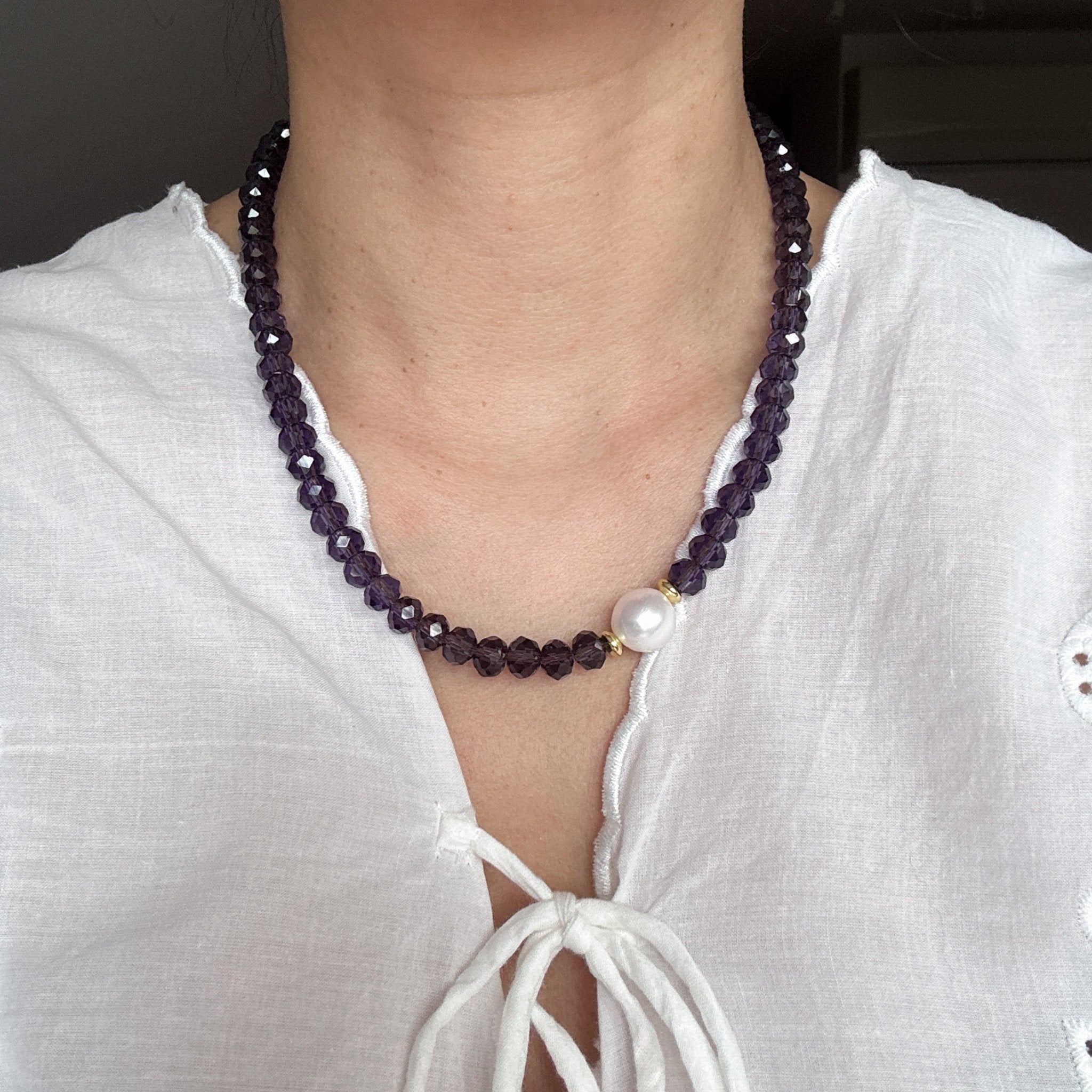 Model wearing Night Sky Star Necklace Purple