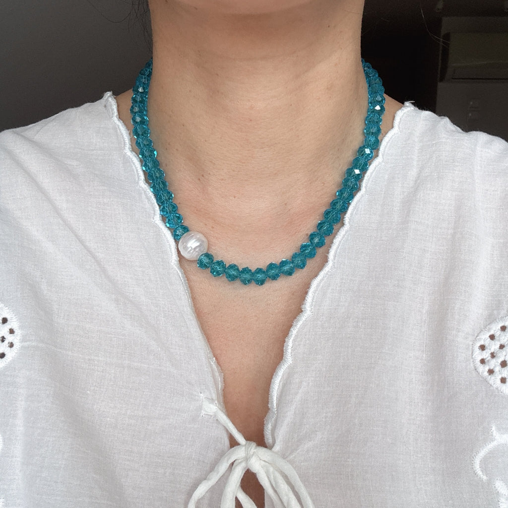 Model wearing Night Sky Star Necklace Sky Blue