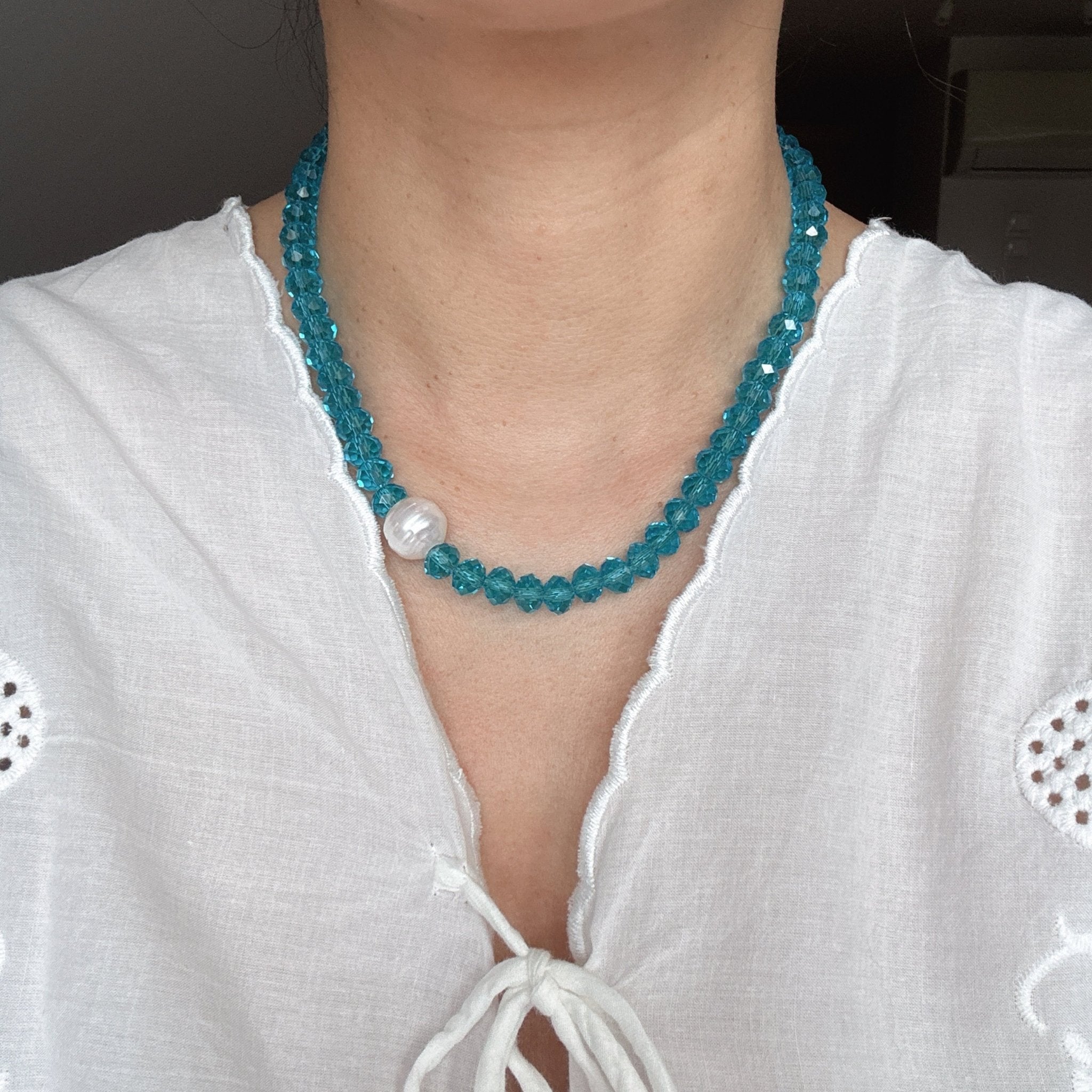 Model wearing Night Sky Star Necklace Sky Blue