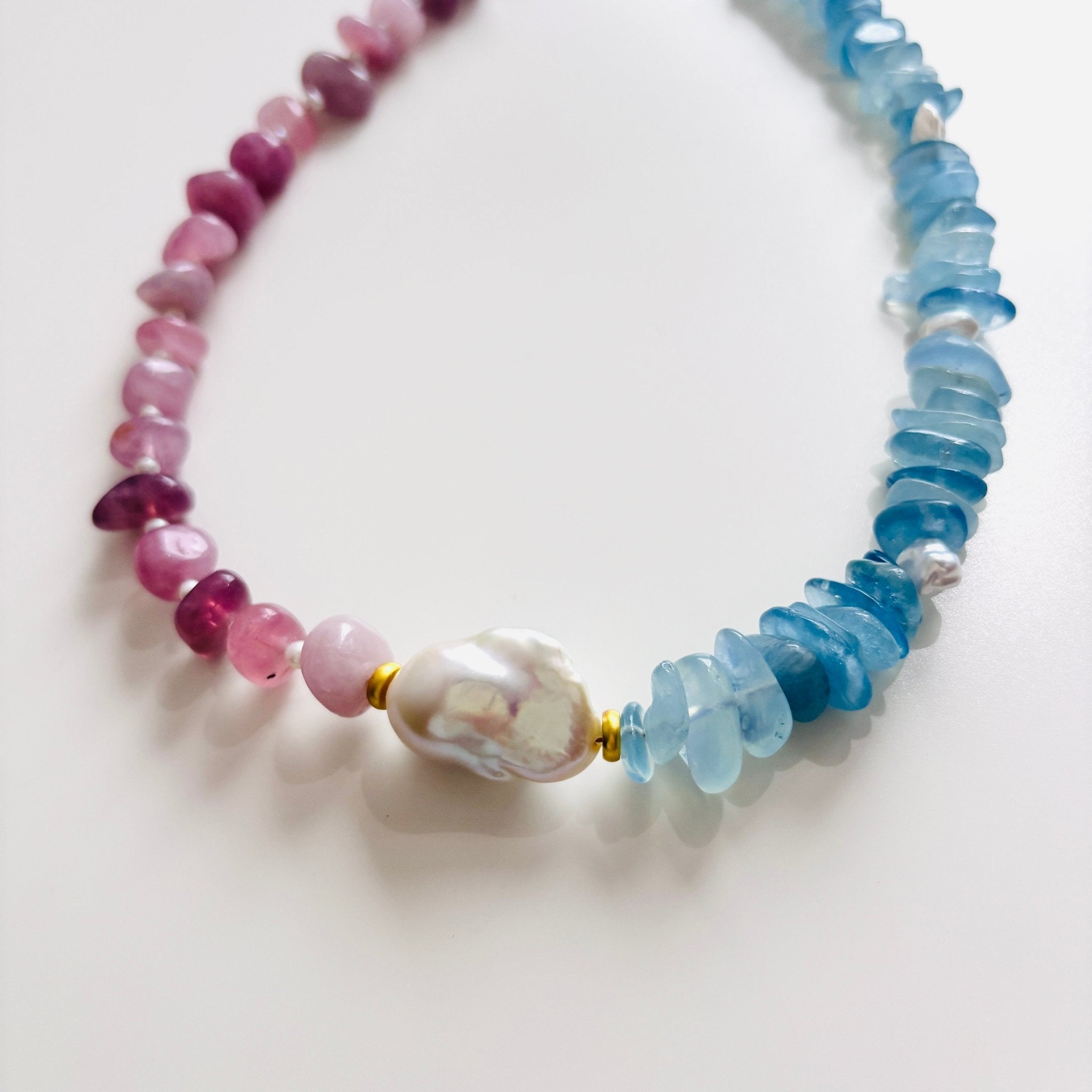 Detail of Ocean Blush Rose Quartz & Aquamarine Necklace