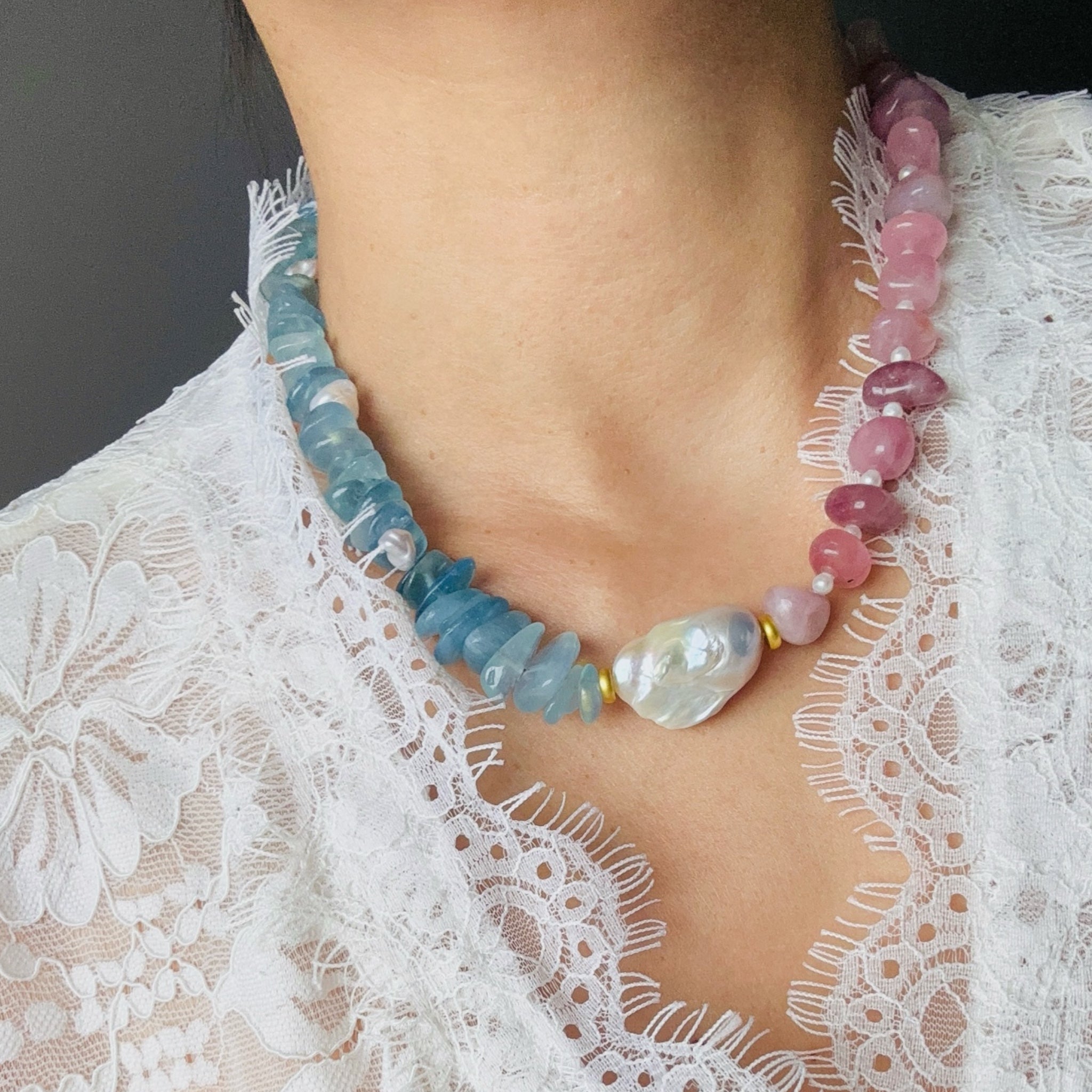 Model wearing Ocean Blush Rose Quartz & Aquamarine Necklace