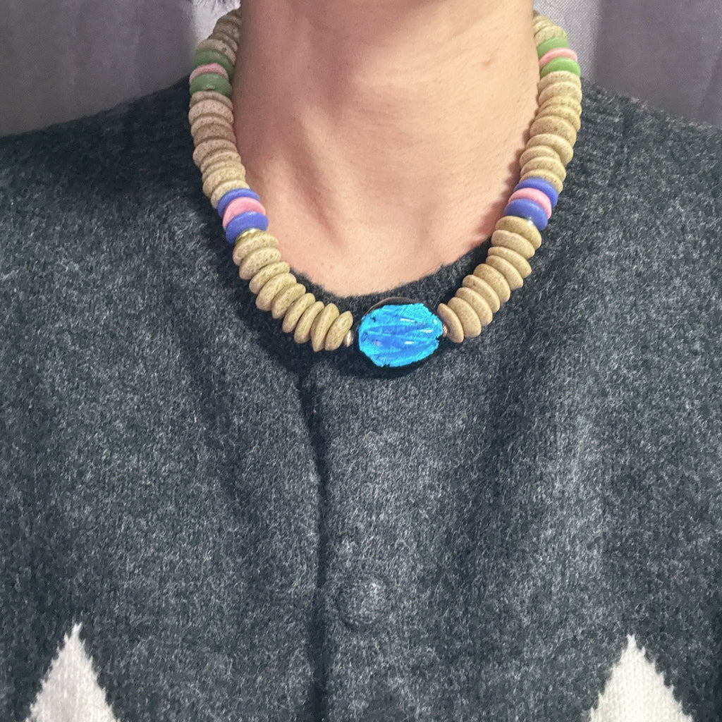 Model wearing Ocean Ember Glass Bead Necklace