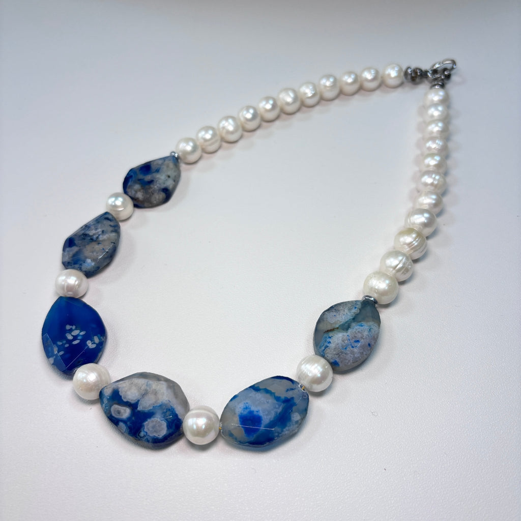 Ocean Mist - Freshwater Pearl & Blue Agate Necklace
