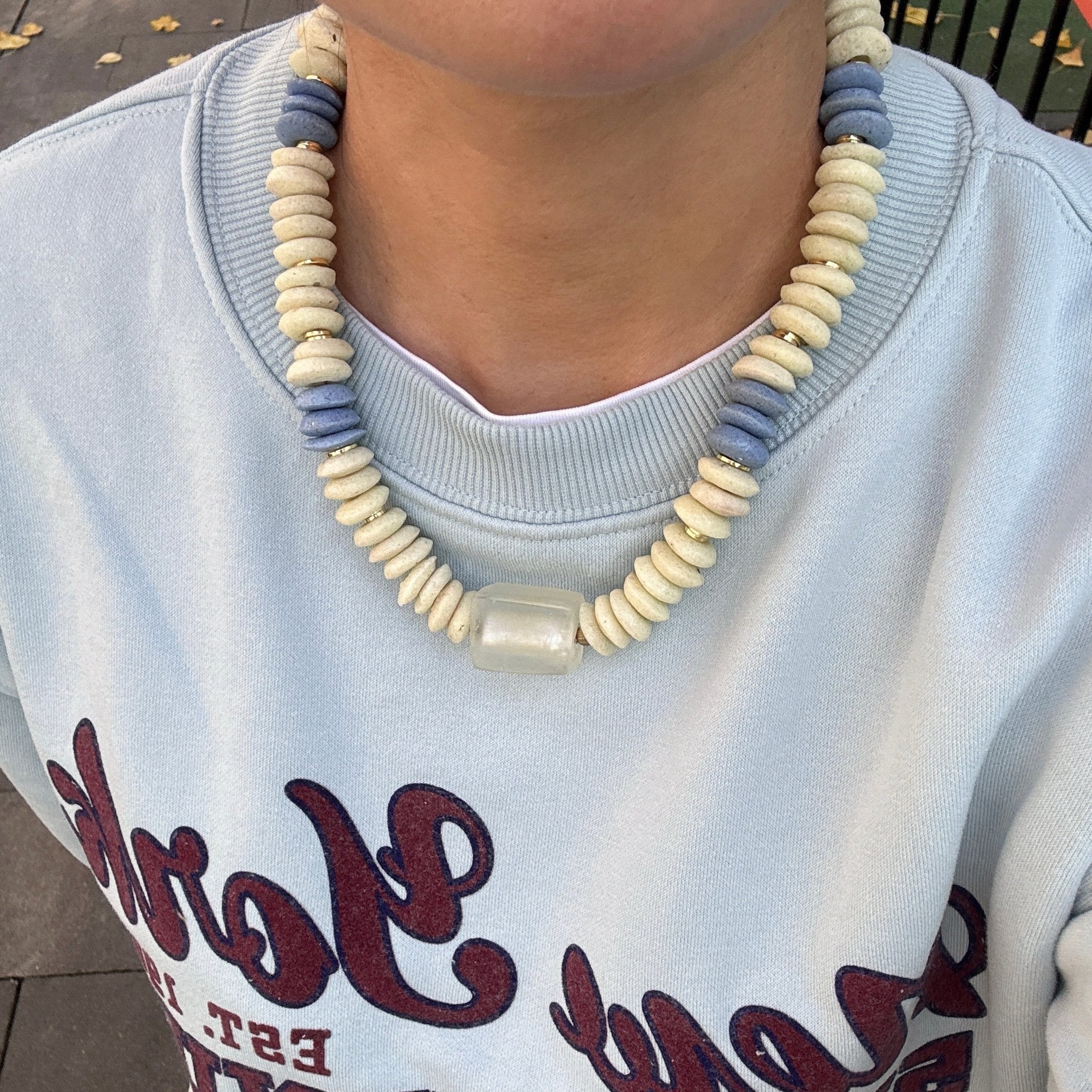 Model wearing Ocean Mist Glass Bead Necklace