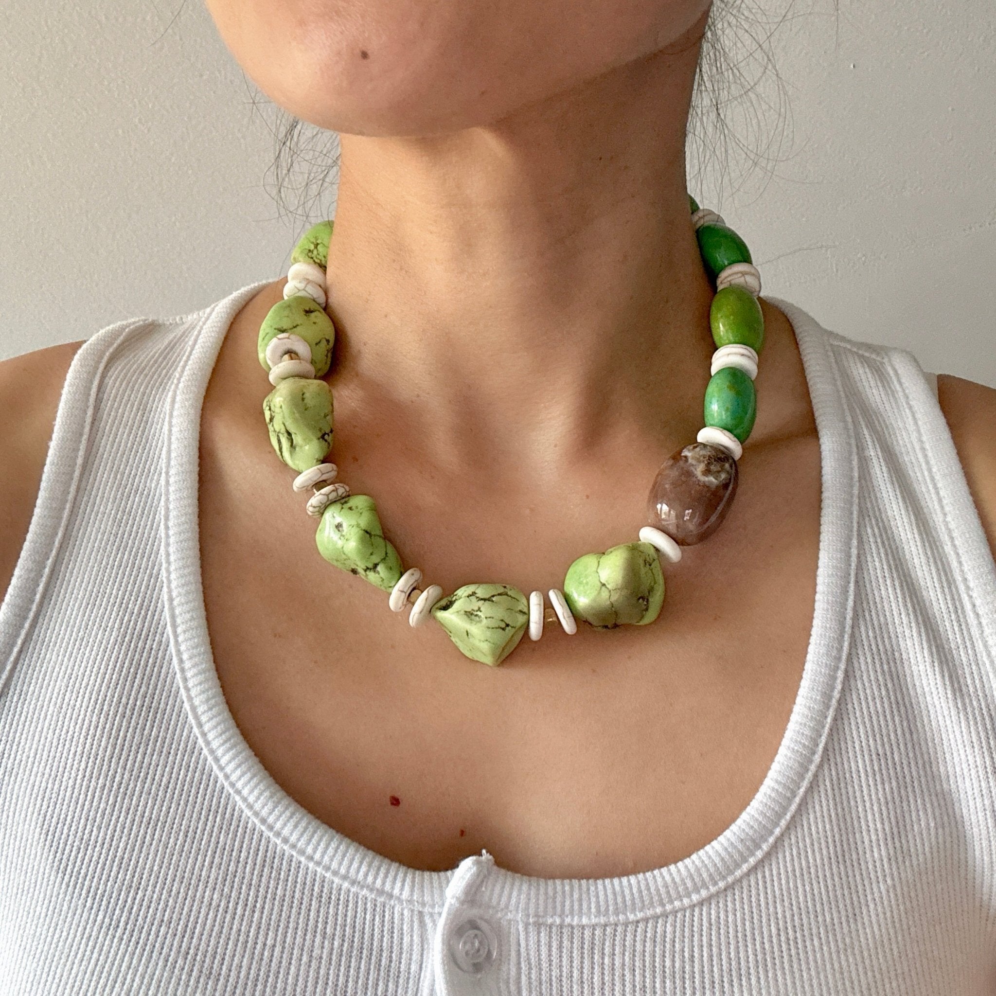 Model wearing Ocean Spirit Turquoise and Ocean Jasper Necklace