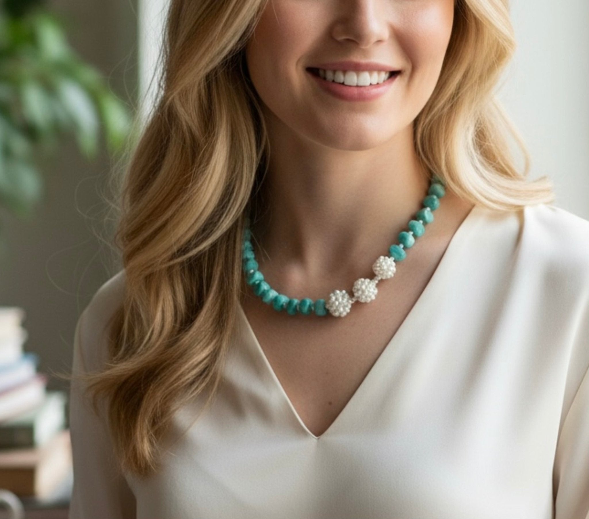 Model wearing Ocean Veil Amazonite & Freshwater Pearl Necklace