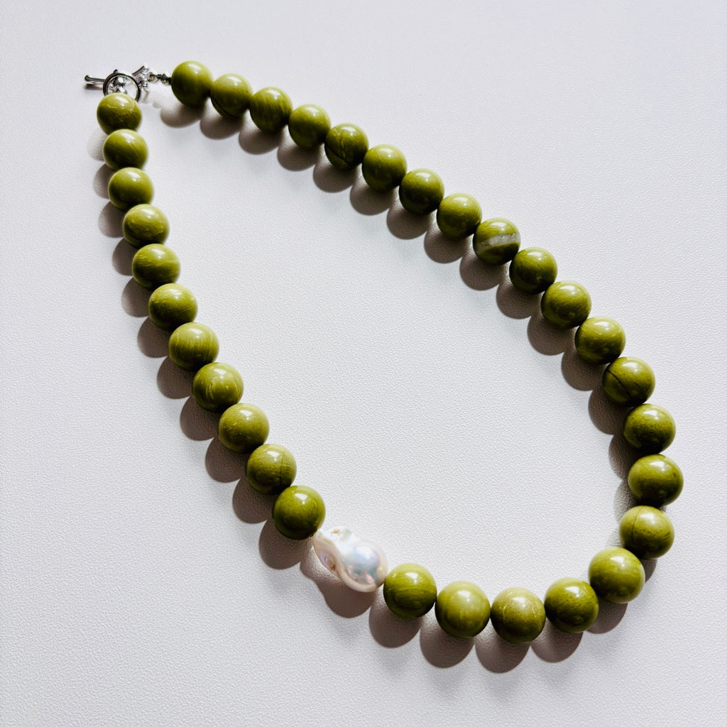 Olive - Agate and Baroque Pearl Necklace
