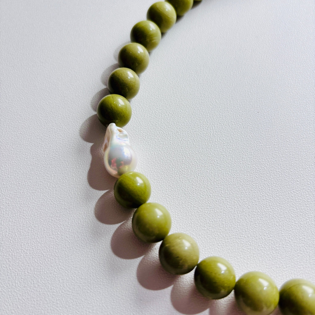 Detail of Olive Agate and Baroque Pearl Necklace