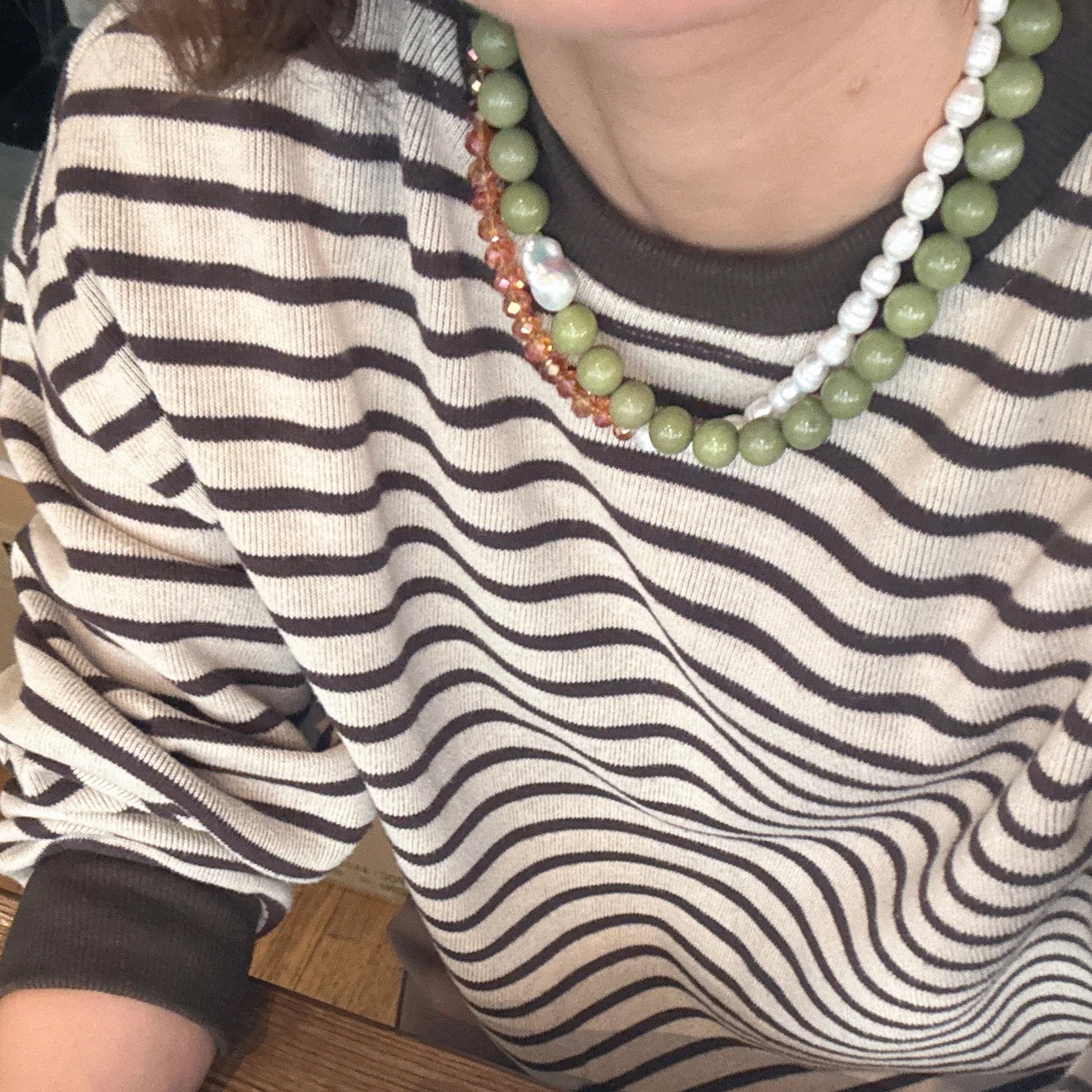 Model wearing Olive Agate and Baroque Pearl Necklace