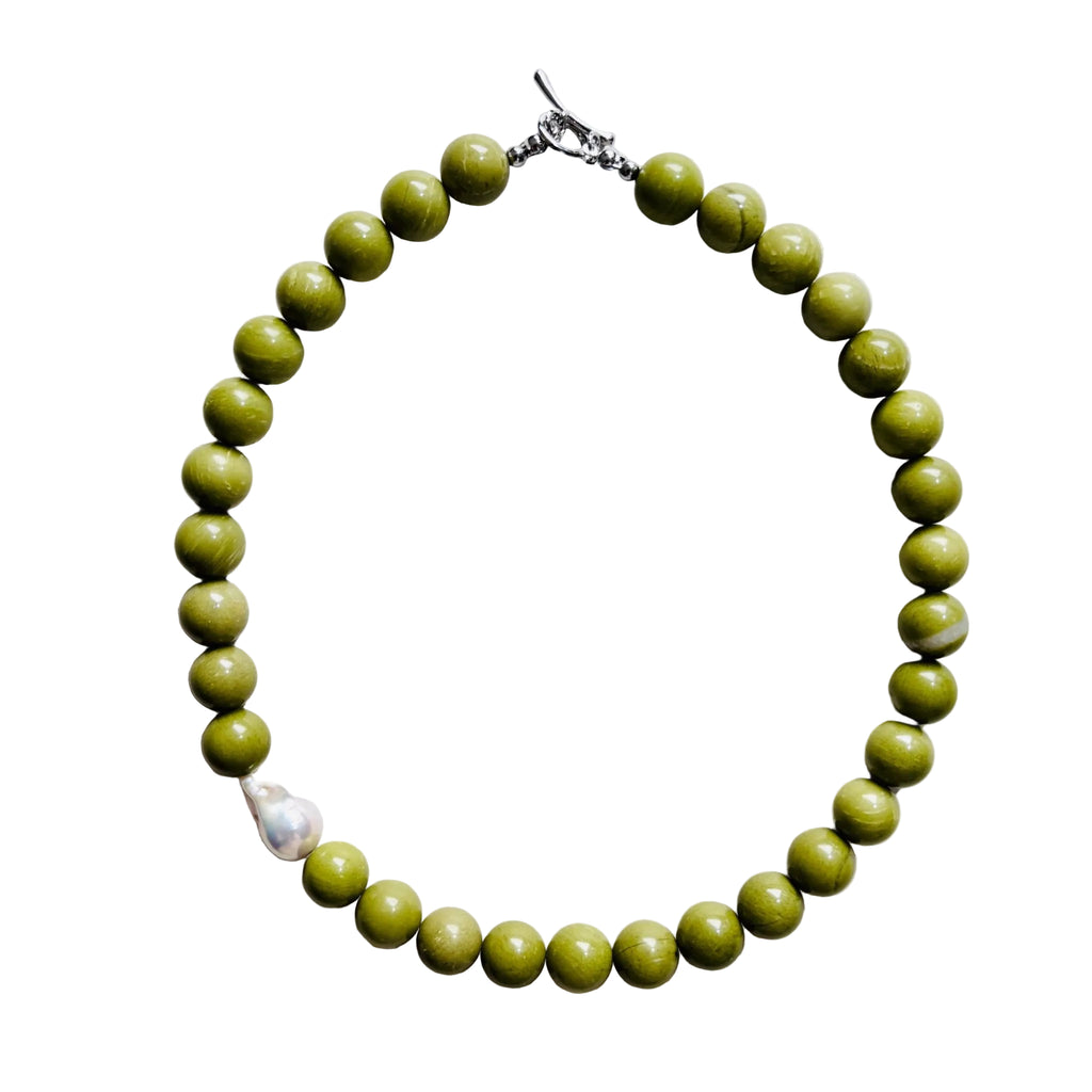 Olive Agate and Baroque Pearl Necklace - Green Agate Beaded Necklace