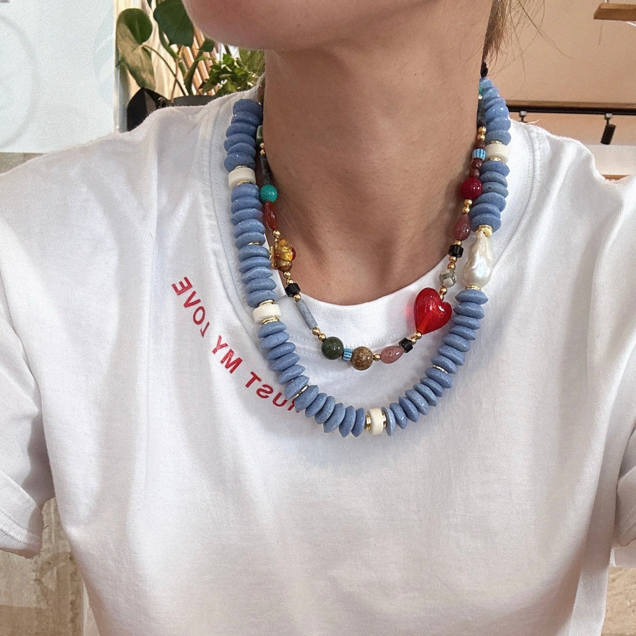 Model wearing Pearl Drift Glass Bead & Baroque Pearl Necklace