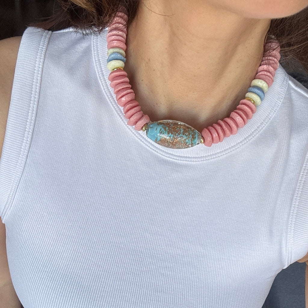 Model wearing Pink Sunset Necklace